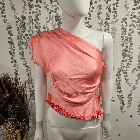 Smythe Ruffle Trim One Shoulder Top Rose Pink Size 4 Satin Smocked Blouse